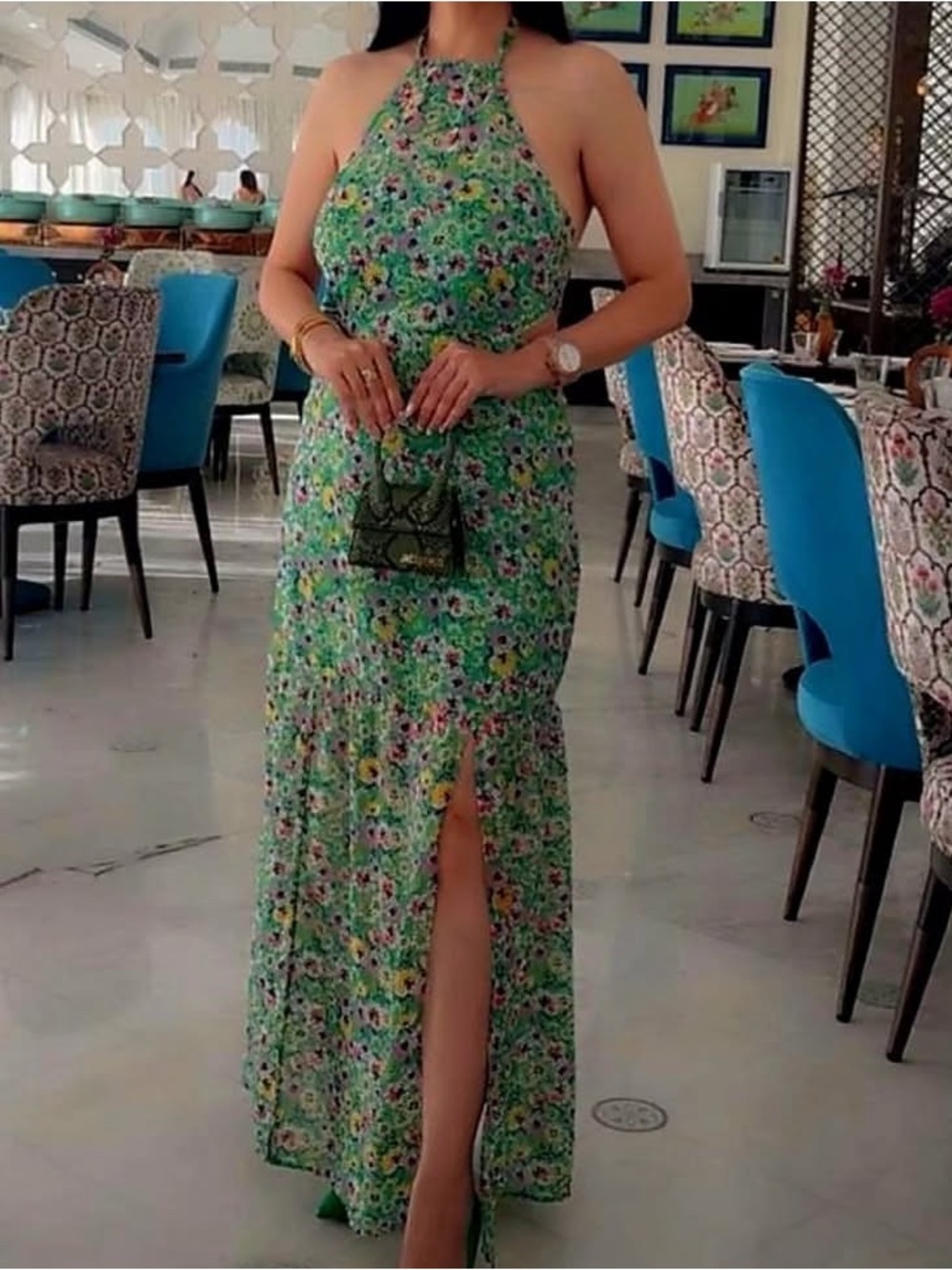 NWT H&M Floral Halter Maxi Dress XL Green Smocked Back Double Front Slit